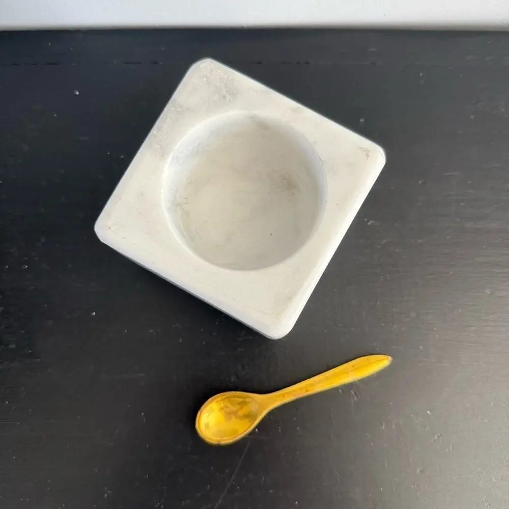 Unbranded | Square White Marble Salt Celler Bowl & Brass Spoon Pinch Pot Spice